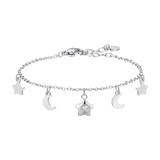 Luca Barra women’s steel bracelet with silver stars, moons, and white zircon charm, celestial jewelry design, Now Available Online