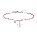 Luca Barra women’s steel bracelet with star charm, crystal accent, and pink enamel stones, Available Online.
