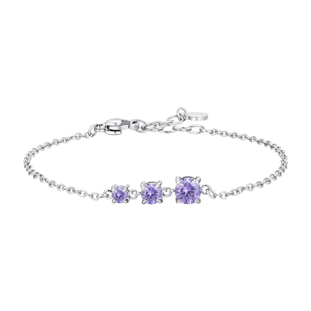 Luca Barra women’s steel bracelet with three purple zircon crystals, elegant minimalist design, available for online purchase