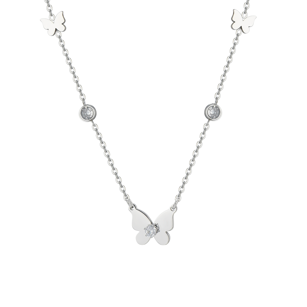 Luca Barra women’s steel butterfly necklace with white zirconia accents, shop the latest online