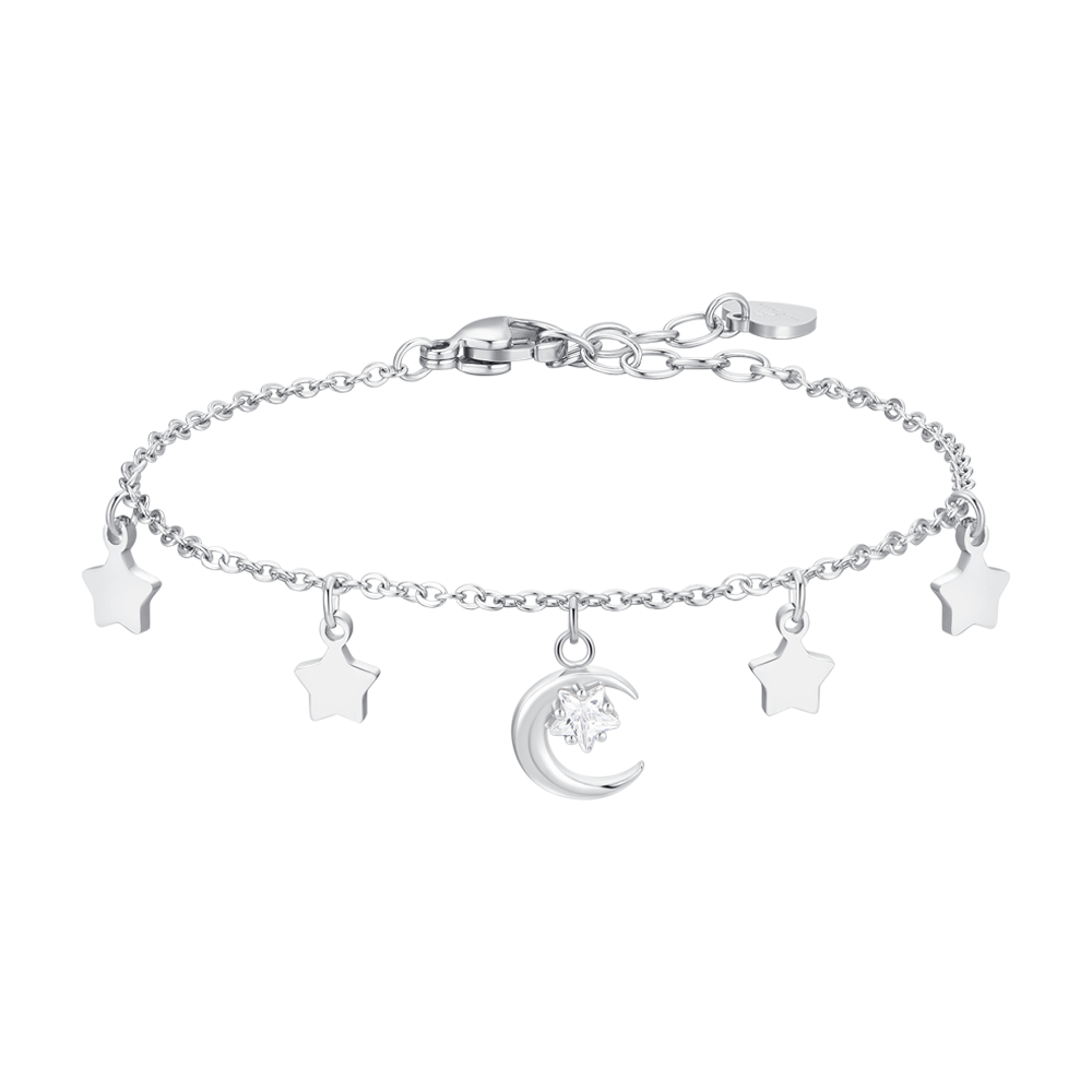 Luca Barra women’s steel moon and stars bracelet with white zircon centerpiece, celestial silver jewelry. Shop Now Online