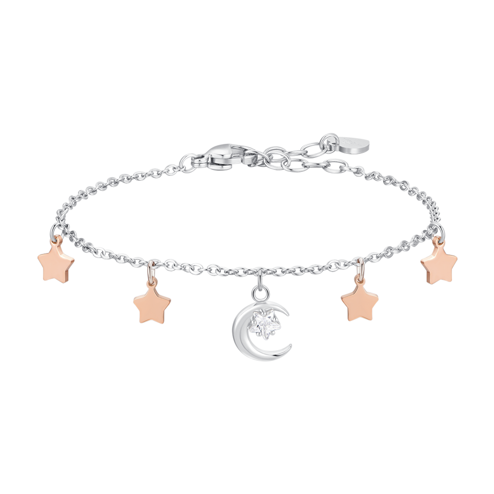 Luca Barra women’s steel moon bracelet with white zircon and rose pink star charms, elegant celestial jewelry design, Available Online Today