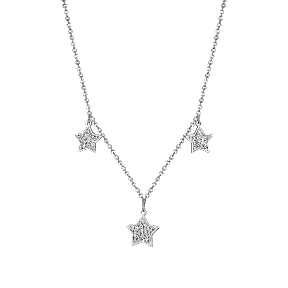 Luca Barra women’s steel necklace with star charms and white crystals, elegant silver-tone jewelry, order online today.