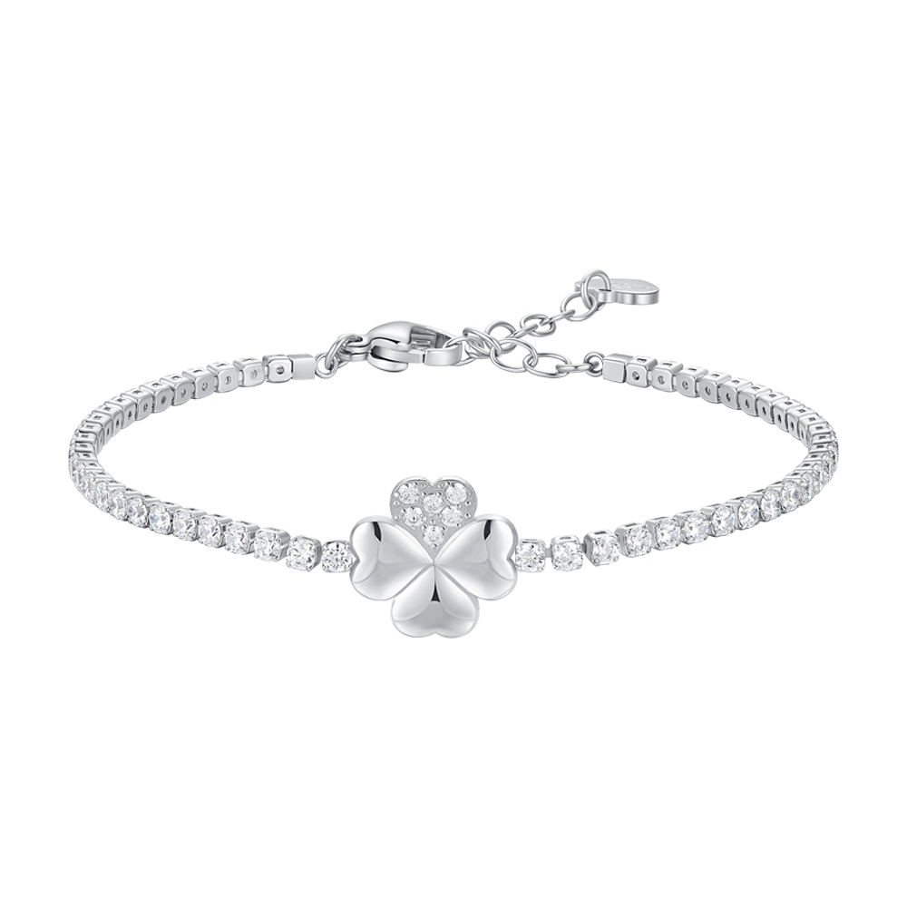 Luca Barra women’s steel tennis bracelet with four-leaf clover and white zircon, Shop Now Online