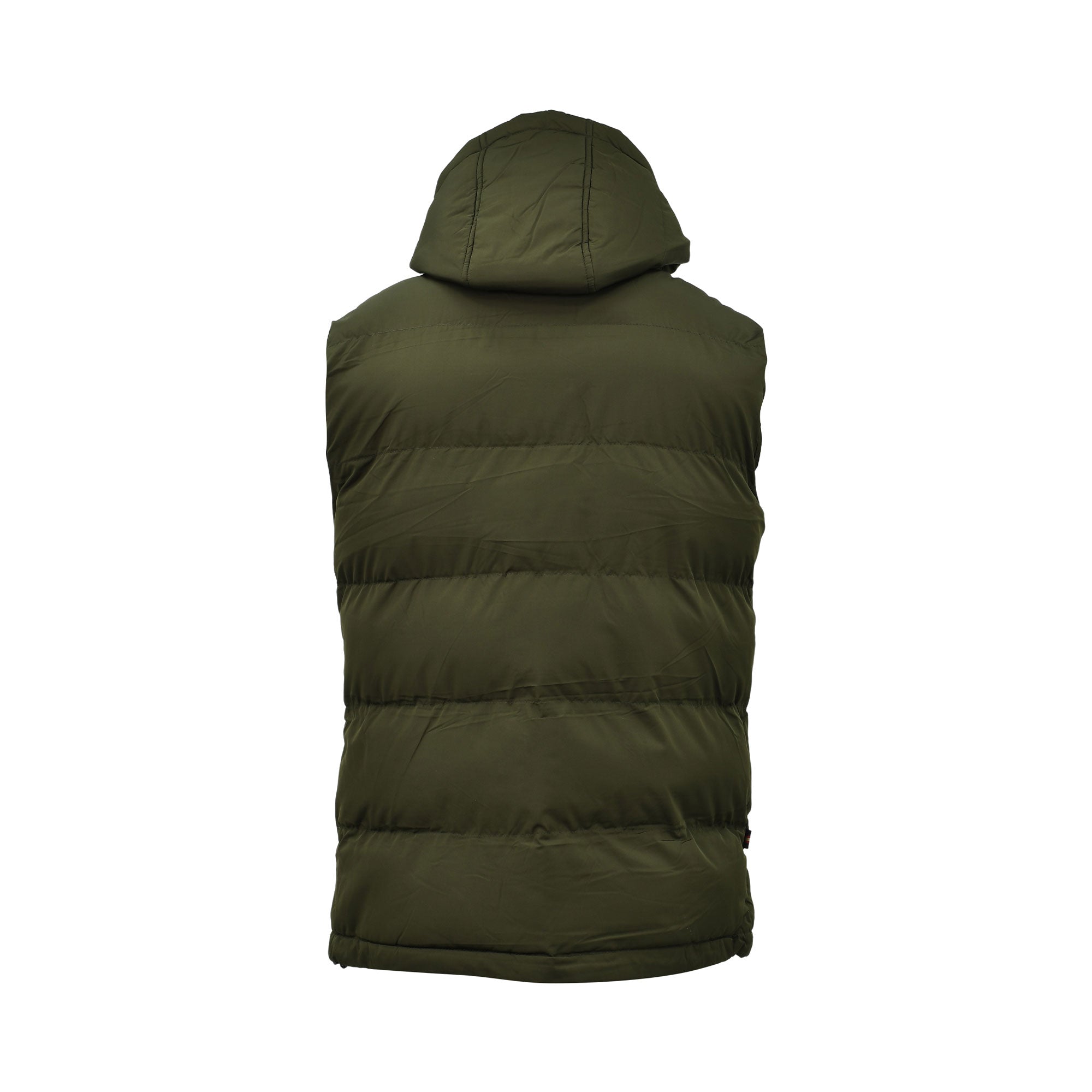 Luke Egrit Men's Quilted Gilet in dark green with hooded padded design back view – Shop Now Online.