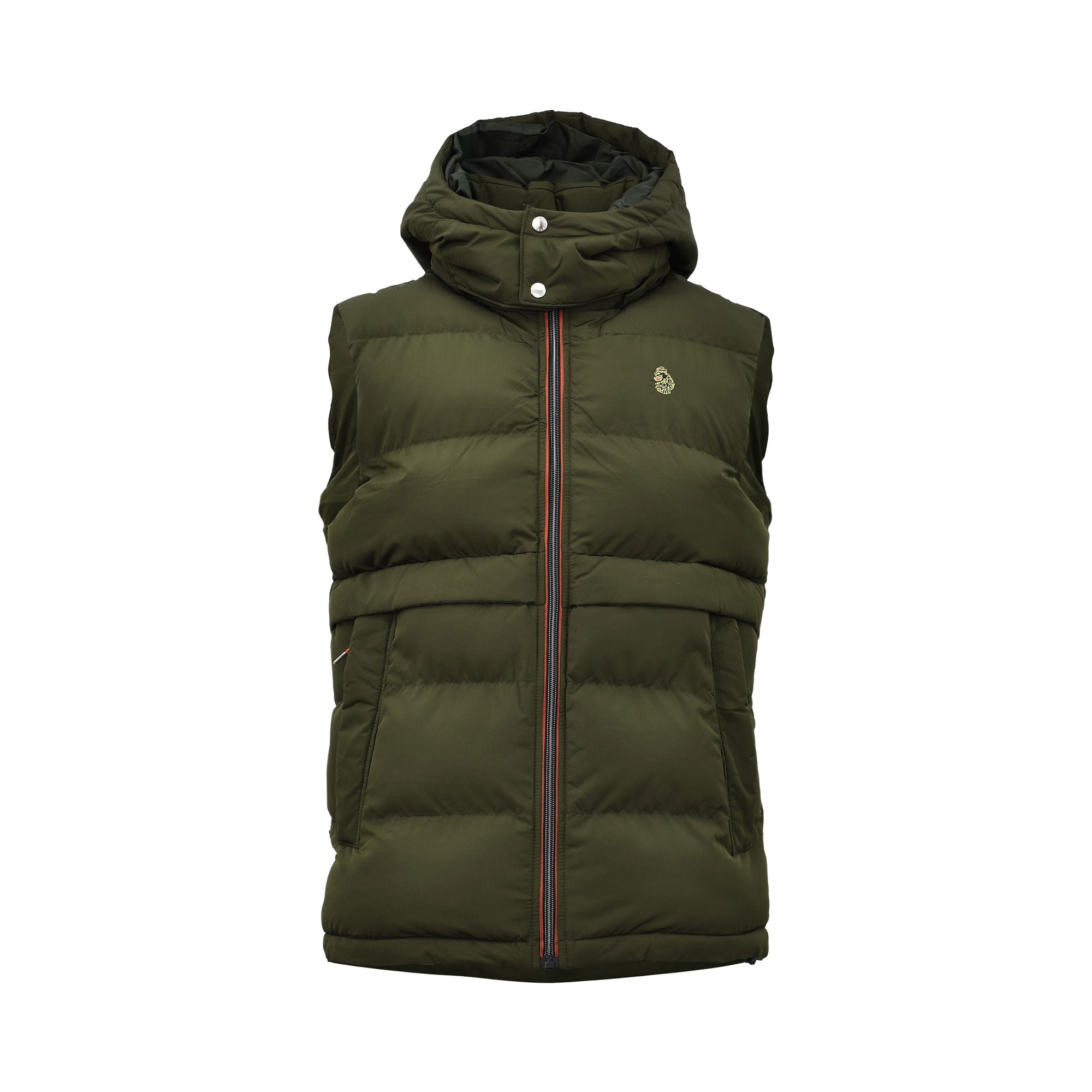 Luke Egrit Men's Quilted Gilet in dark green with hooded padded design front view – Shop Now Online.