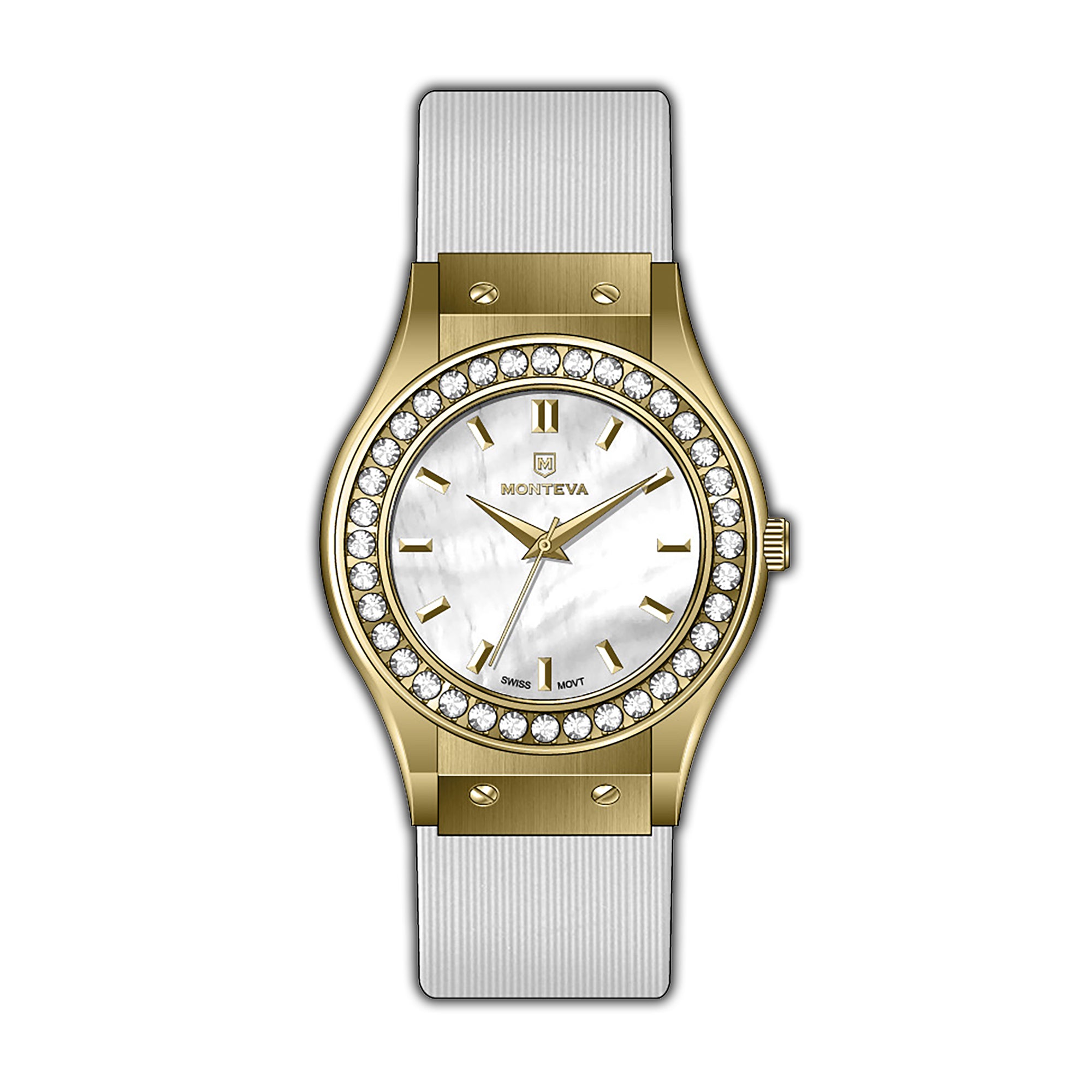 Monteva Ladies - Gold-Tone, Stones Bezel, White MOP Dial & Strap Watch | departure-to-desk | Fashion Watches | new-season-2025 | Watch | Watches | Women | Womens | Womens Watches