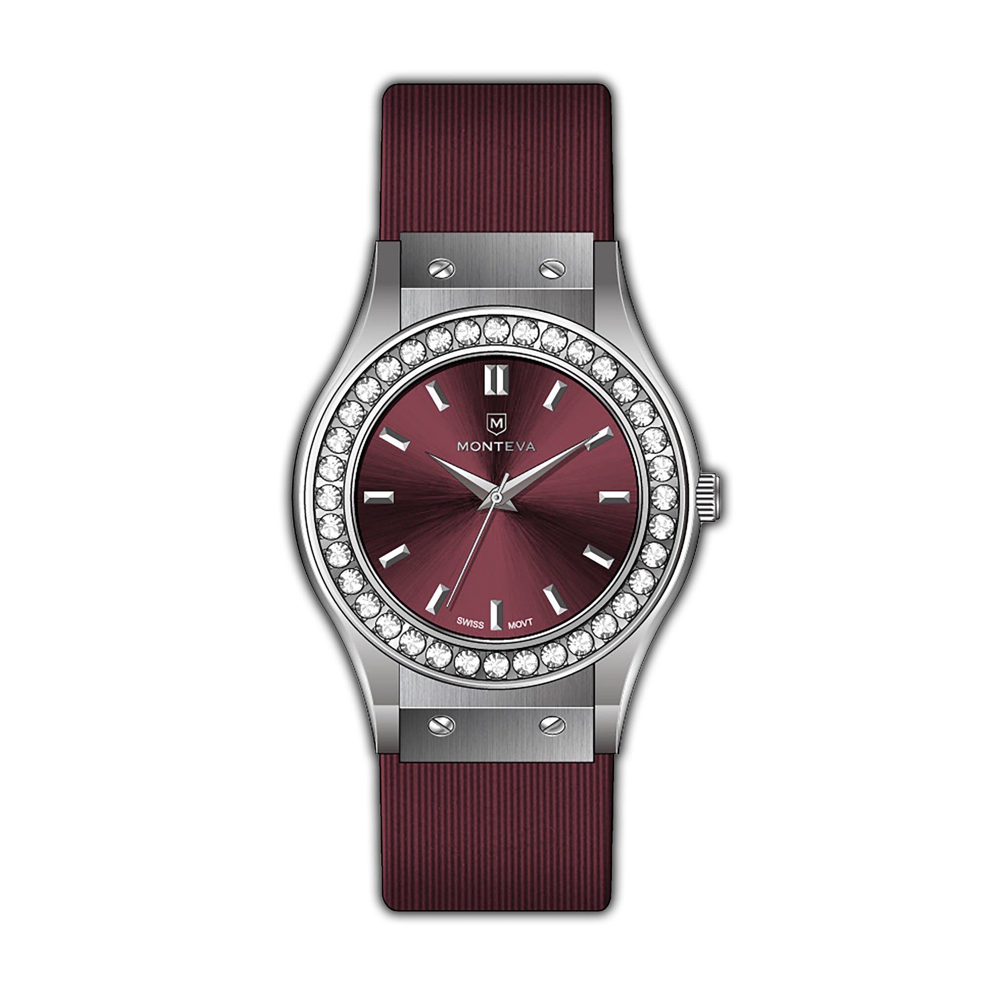Monteva Ladies - Silver-Tone, Stones Bezel, Red Dial, Red Strap Watch | departure-to-desk | Fashion Watches | new-season-2025 | Watch | Watches | Women | Womens | Womens Watches