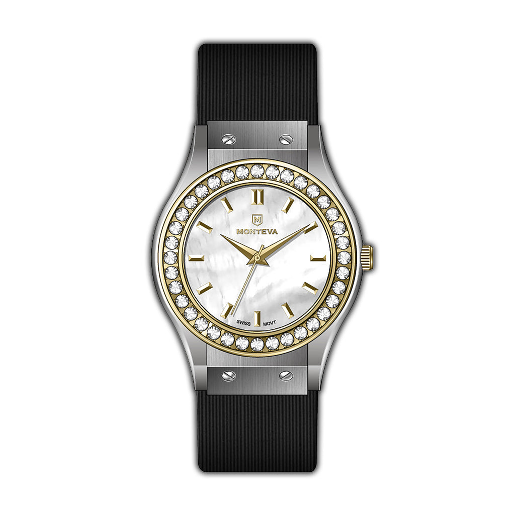 Monteva Ladies MOP Dial - Bi-Color, Stones Bezel, , Black Strap Watch ...