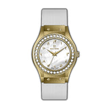 Monteva Ladies Watch - Gold, White Strap, Stones Bezel, Arabic Dial