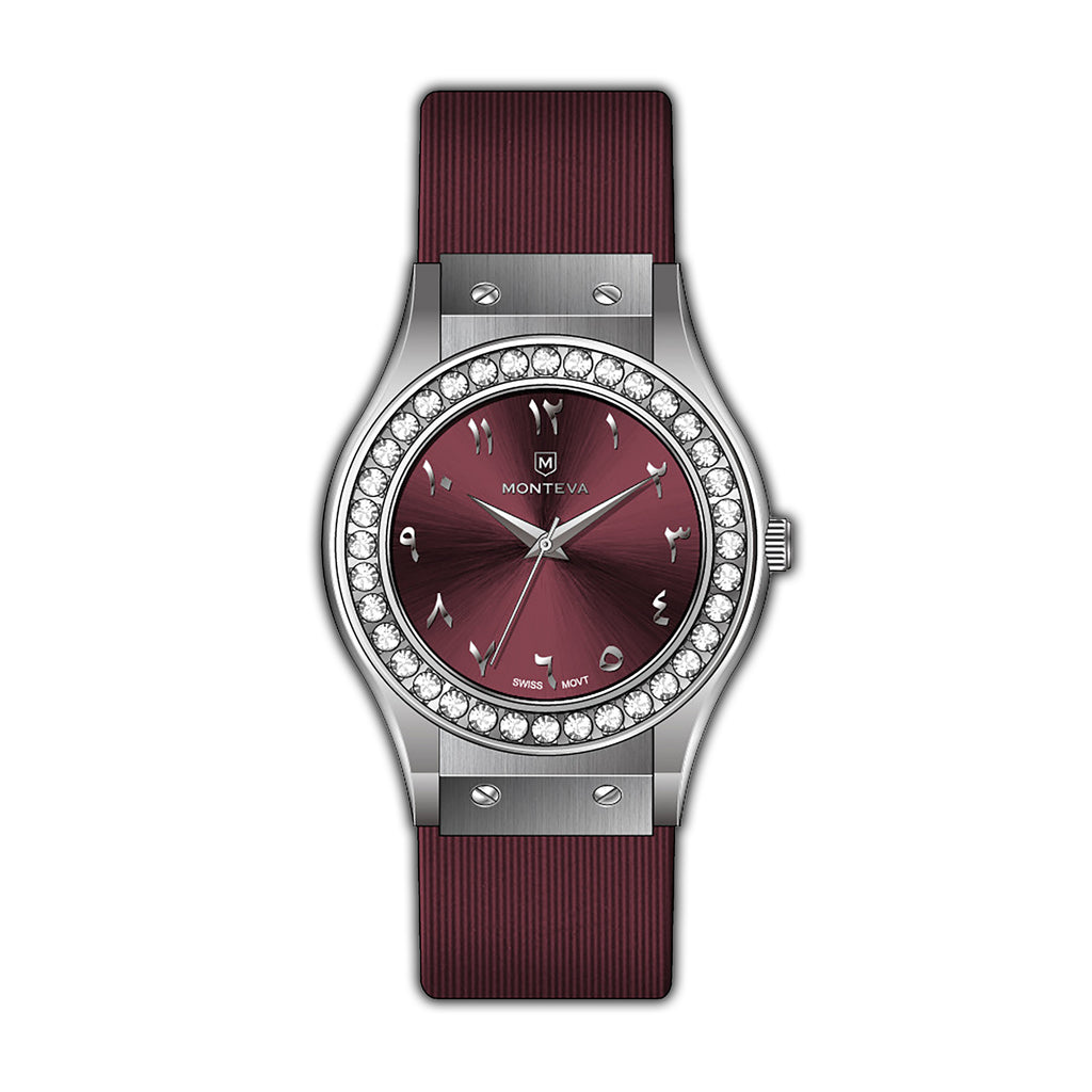 Monteva Harmony Hub Ladies Maroon Sunray Dial Arabic Numerals Crystal ...