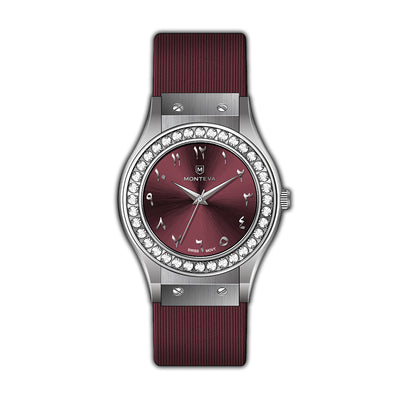 Monteva Harmony Hub Ladies Maroon Sunray Dial Arabic Numerals Crystal Bezel Silver-Tone Maroon Strap Watch