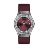 Monteva Harmony Hub Ladies Maroon Sunray Dial Arabic Numerals Crystal Bezel Silver-Tone Maroon Strap Watch