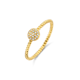 Yellow gold-plated twisted band ring with a central circular disc set with multiple clear, brilliant-cut stones.