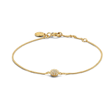 Yellow gold-plated chain bracelet with a central circular charm pavé-set with clear stones, lobster clasp, and extender.