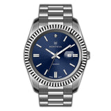 MONTEVA Gents watch with silver-toned case, fluted bezel, deep blue sunburst dial, silver-toned bracelet, and date window.