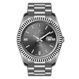 Silver-toned MONTEVA gents watch with a dark grey sunburst dial, silver-toned baton markers, and a diamond accent at 12 o'clo
