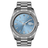 Silver-toned Monteva Gents watch with a light blue sunburst dial, silver-toned fluted bezel, and integrated metal bracelet.