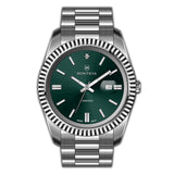 MONTEVA gents' watch with a silver-toned case, fluted bezel, deep green sunburst dial, and silver-toned metal bracelet.