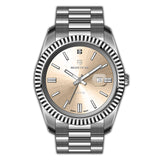Silver-toned MONTEVA gents watch with a gold-toned sunray dial, fluted bezel, baton hour markers, and date display.