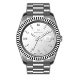 Silver-toned MONTEVA men's watch with a fluted bezel, silver dial, baton markers, and a three-link metal bracelet.