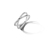 White plated crossover ring with one band embellished with small clear stones.