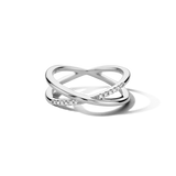 Silver-toned crossover ring with two bands, each featuring a row of clear sparkling stones where they intersect.