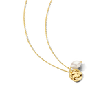 Gold-toned chain necklace with an off-white irregular pearl and a round hammered gold-toned disc with a small clear stone.