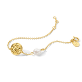 Yellow gold-plated chain bracelet with a hammered circular charm, a small clear stone, and an irregular white pearl.