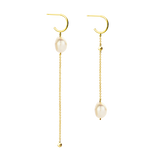 Pair of yellow gold-plated asymmetrical drop earrings with C-shaped hoops and white baroque pearls