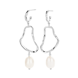 Pair of white plated drop earrings with textured hoops, irregular open frames, clear stones, and white baroque pearls.