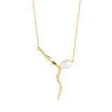 Yellow gold-plated necklace with an organic, textured pendant and an off-white baroque pearl, featuring small clear embellish