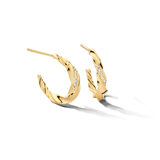 Pair of gold-toned twisted hoop earrings, each featuring a row of clear round stones along one ridge.