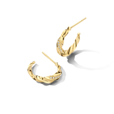 Pair of small, gold-toned twisted hoop earrings, each with a row of clear stones embedded along the outer curve.