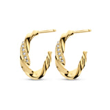 Pair of small yellow gold plated twisted hoop earrings with a row of clear stones on one side, with post-back closure.