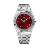MONTEVA ladies watch with a silver-toned integrated metal bracelet, octagonal bezel with clear crystals, and a red sunray dia