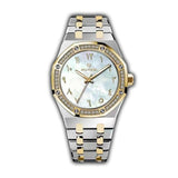 Silver and gold-toned MONTEVA ladies' watch with octagonal crystal-set bezel, white mother-of-pearl dial, and Arabic numerals