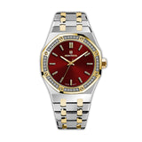 MONTEVA ladies watch with a red sunray dial, gold-toned hands, and a silver-toned and gold-toned two-tone bracelet.