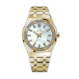 Gold-toned ladies watch with an octagonal case, mother-of-pearl dial, and crystal-set bezel on a link bracelet.