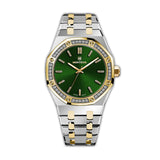 MONTEVA ladies watch with an octagonal gold-toned and silver-toned case, green sunray dial, and two-tone metal bracelet.