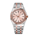 MONTEVA ladies' watch with a rose-gold-toned sunray dial, crystal-embellished rose-gold-toned octagonal bezel, and a two-tone