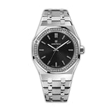 Silver-toned MONTEVA ladies' watch with an octagonal case, black dial, and crystal-embellished bezel on a metal link bracelet