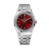Silver-toned MONTEVA ladies' watch with an octagonal bezel, clear stone embellishments, a red sunburst dial, and a metal link