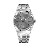Silver-toned MONTEVA ladies' watch with an octagonal bezel, diamond-like embellishments, grey dial, and metallic bracelet.