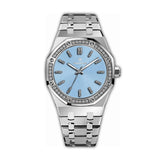 MONTEVA ladies' watch with a silver-toned octagonal case, light blue dial, and silver-toned link bracelet. Bezel is embellish