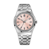 Silver-toned MONTEVA ladies' watch with an octagonal bezel, clear stone embellishments, and a pink sunray dial.