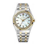 MONTEVA ladies' watch with a silver-toned and gold-toned two-toned bracelet, gold-toned octagonal bezel with clear stones, an