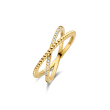 Yellow gold-plated criss-cross ring with one smooth band and one beaded band, both adorned with clear stones.