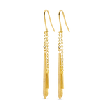 Pair of yellow gold-plated drop earrings with ear hooks, delicate chains, small clear stones, and chevron-textured drops.
