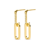 Pair of yellow gold plated break away drop earrings, each with a row of clear stones on the upper stud and a smooth oval link